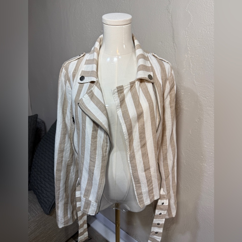 Lulus Striped Moto Jacket Cream Tan Asymmetrical Zip Lightweight Size L
